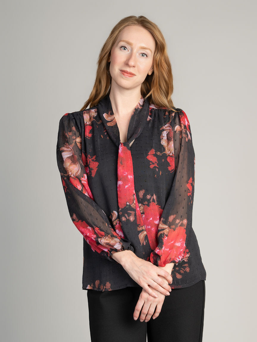 Sheer Floral Tie-Neck Blouse