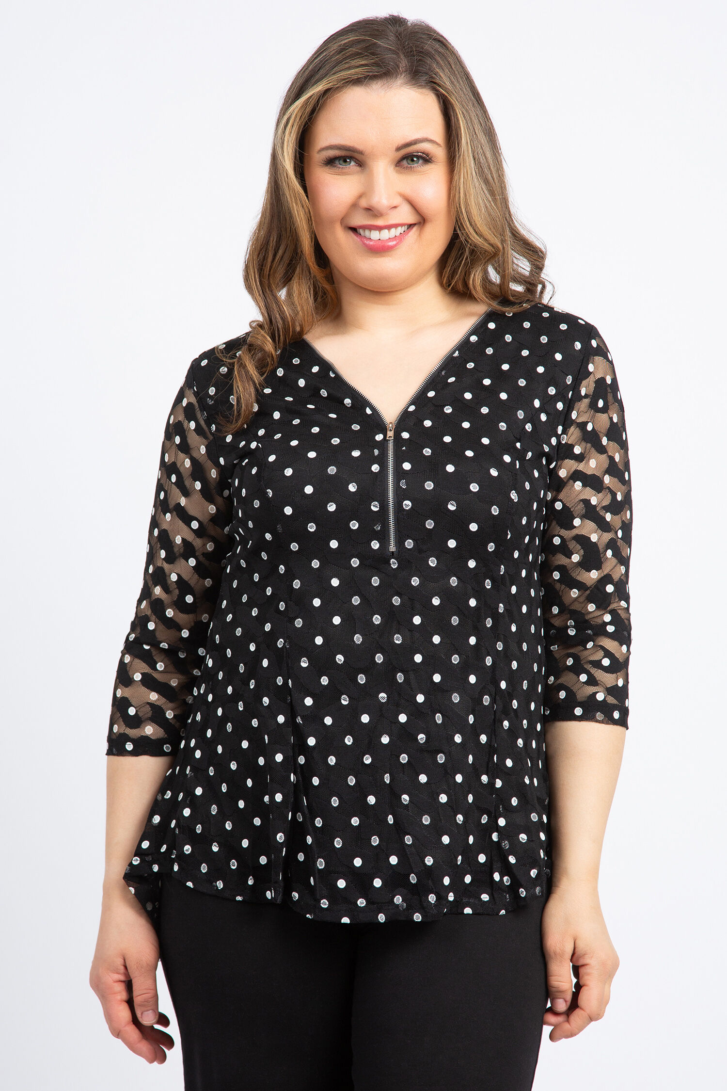 &frac34; Sleeve Polka Dot Lace Top Image 1