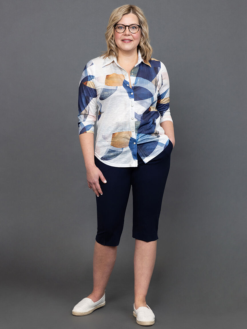 &frac34; Sleeve Burnout Button Up Blouse Image 1