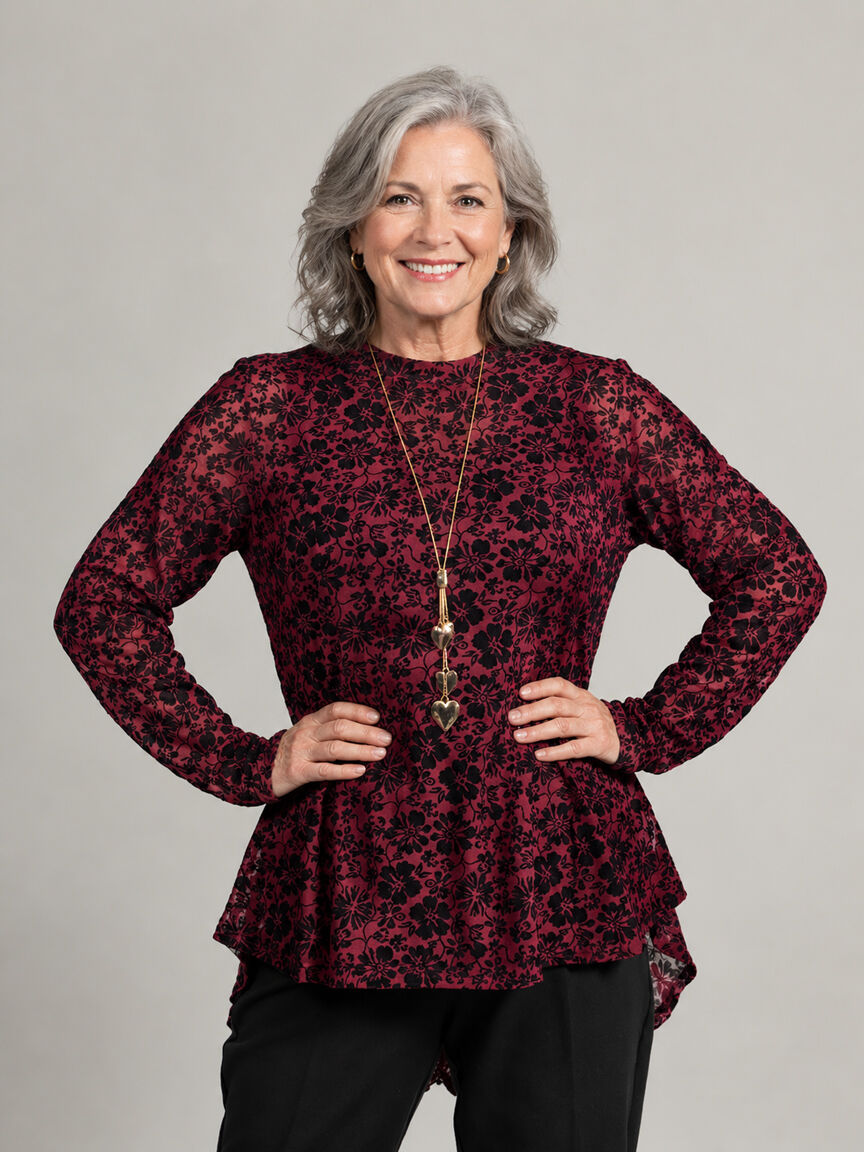 Long Sleeve Floral Burnout High-Low Blouse