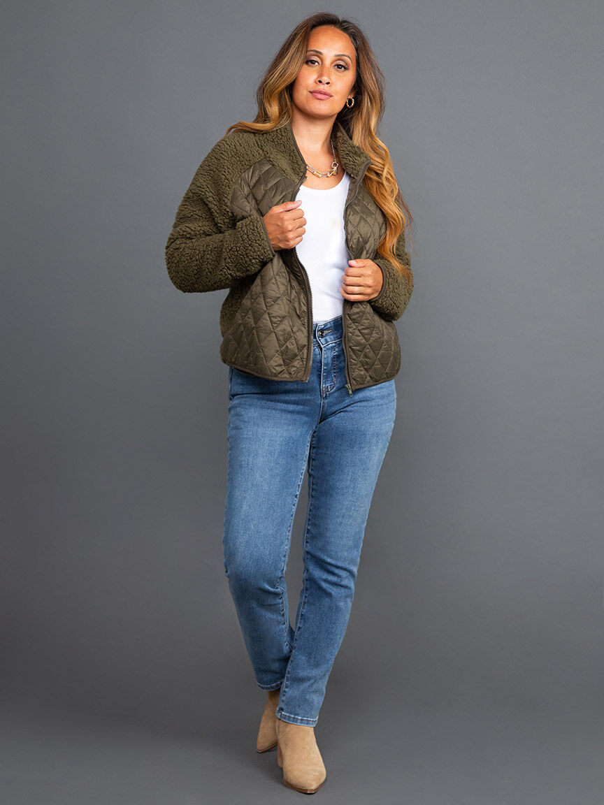Quilted Front Long Sleeve Zip-Up Sherpa Jacket Image 1