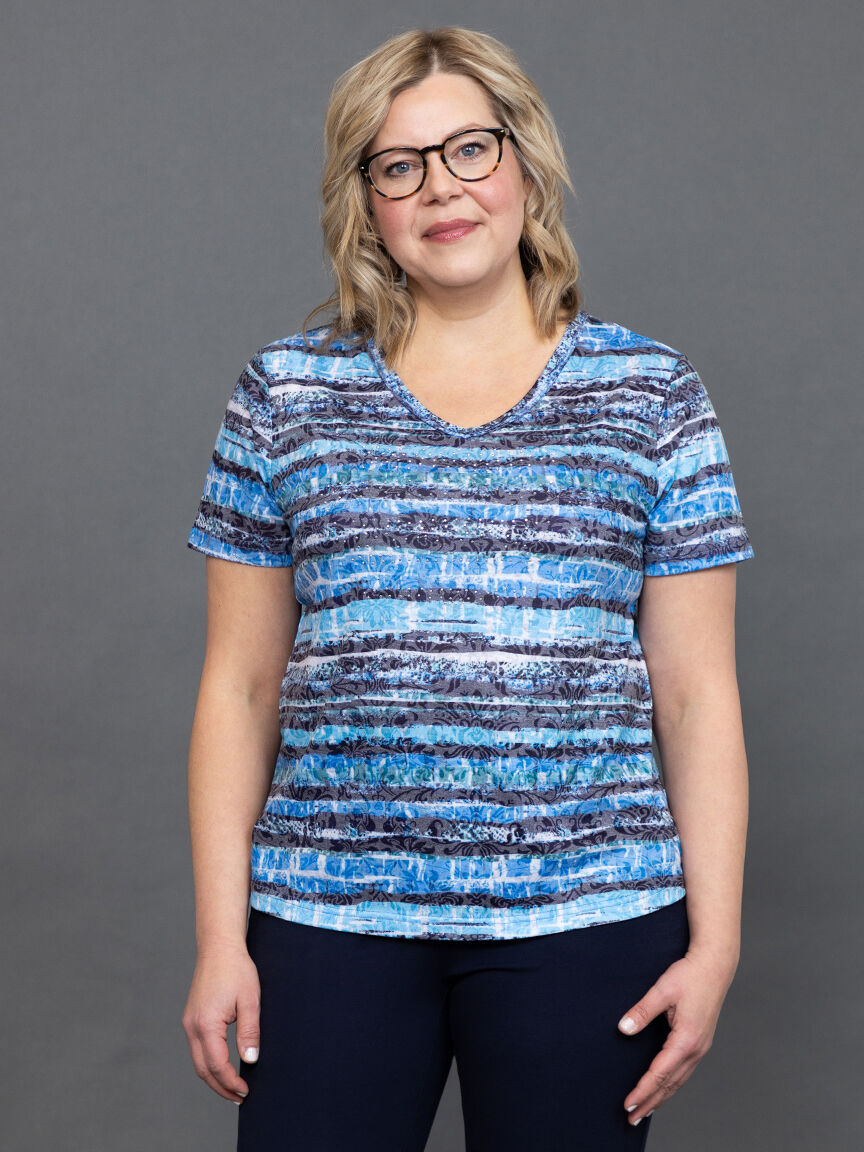 Striped V-Neck Top w/ Hotfix Rhinestones  Image 2