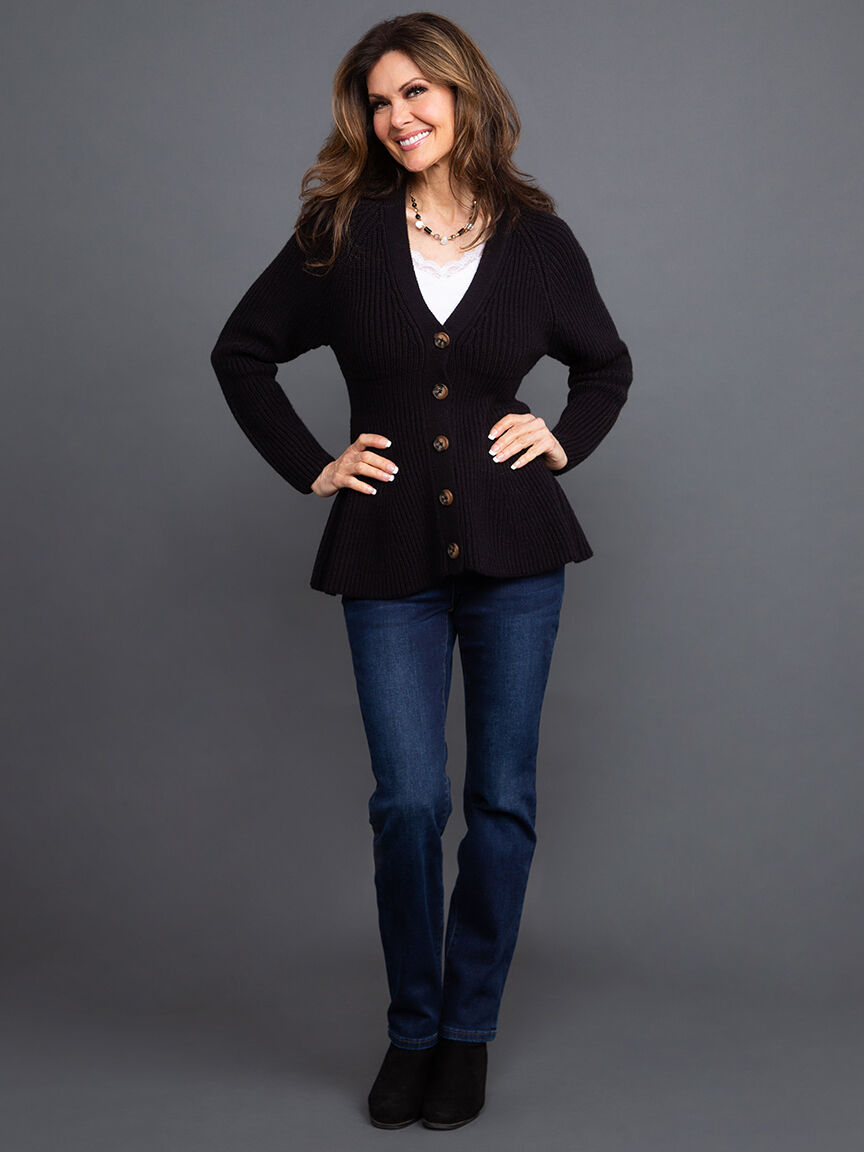 V-Neck Cardigan w/ Peplum Hem Image 1