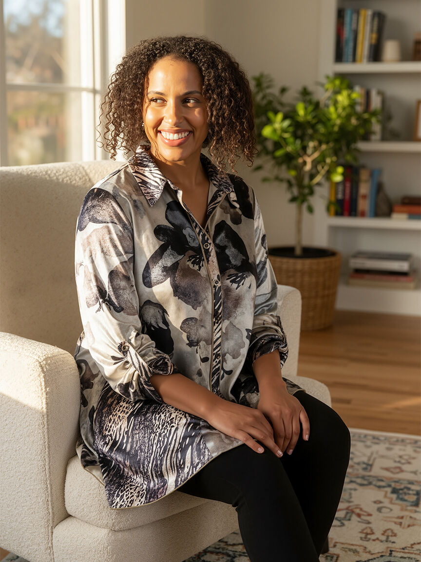 Roll-Tab Button-Up Velour Blouse