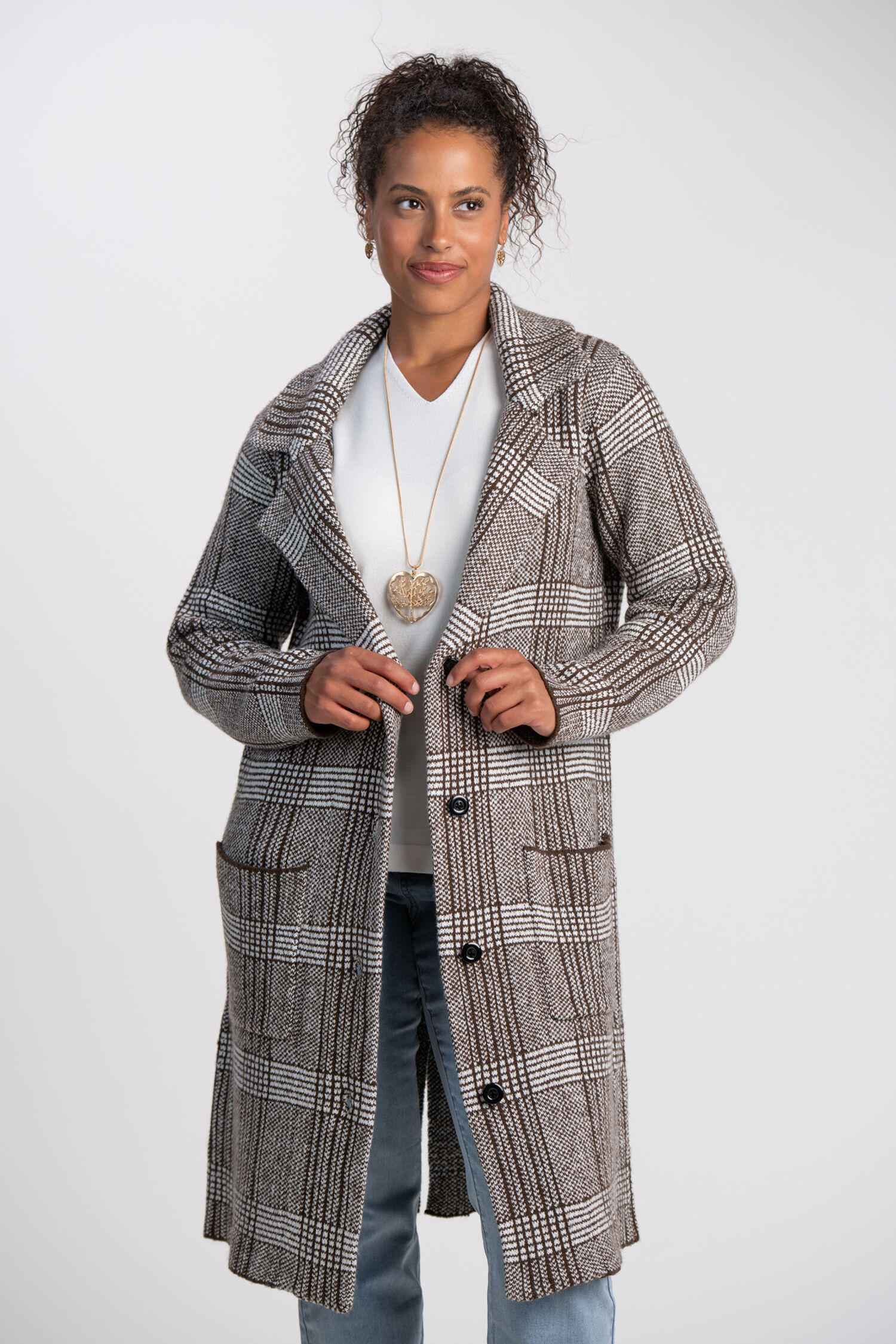 Long Plaid Button-Up Coat Image 3