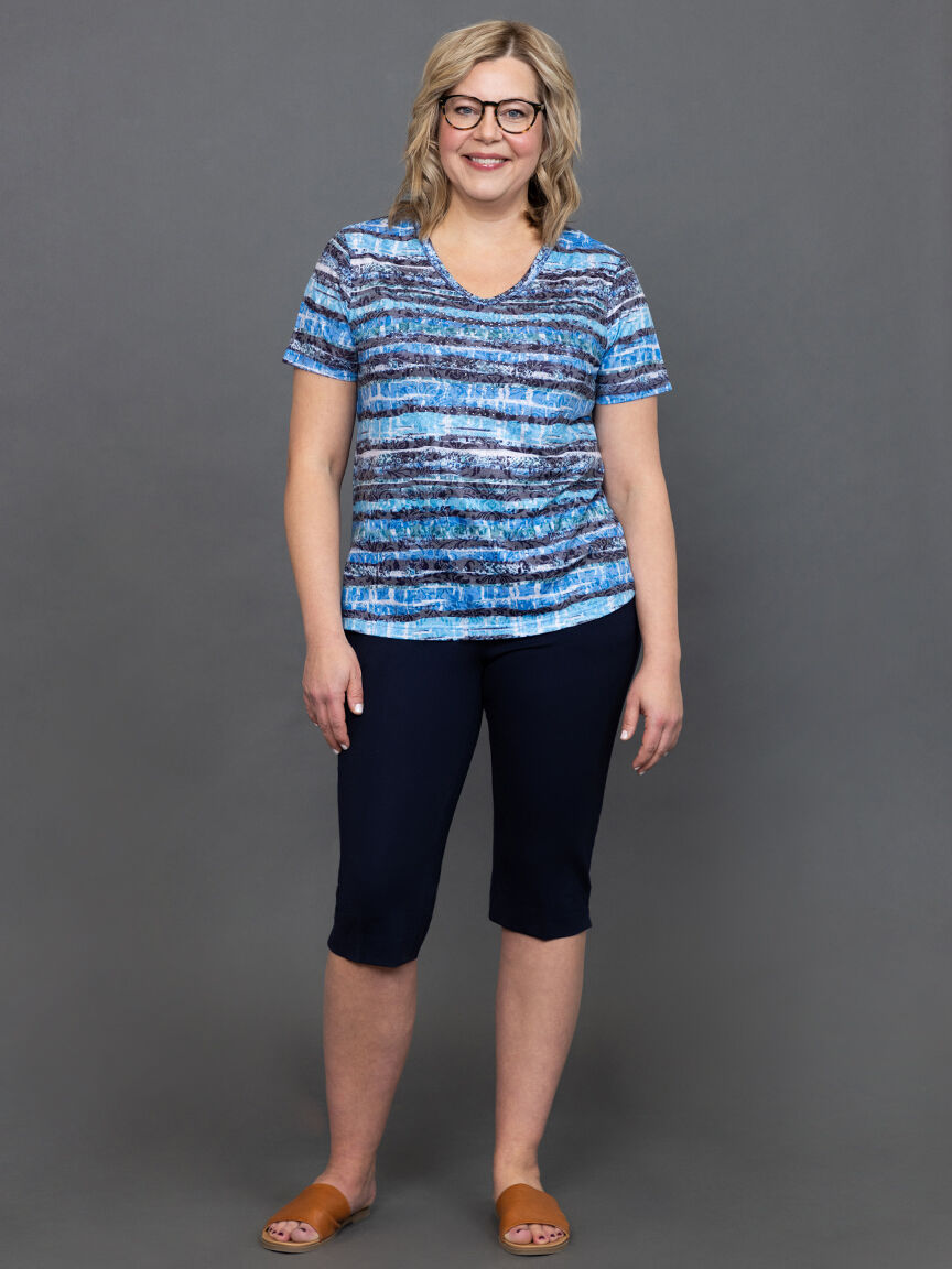 Striped V-Neck Top w/ Hotfix Rhinestones  Image 1