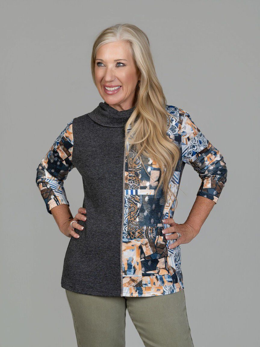 Mixed Print Cowl Neck Top