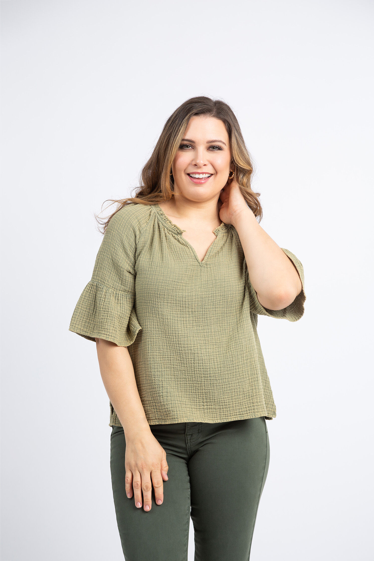 Elbow Sleeve Crinkle Gauze Raglan Top Image 3