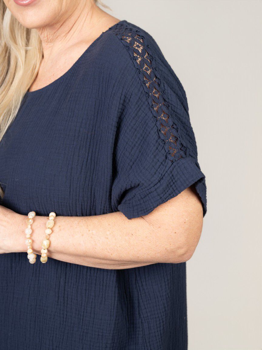 Short Sleeve Flowy Top With Lace Detail