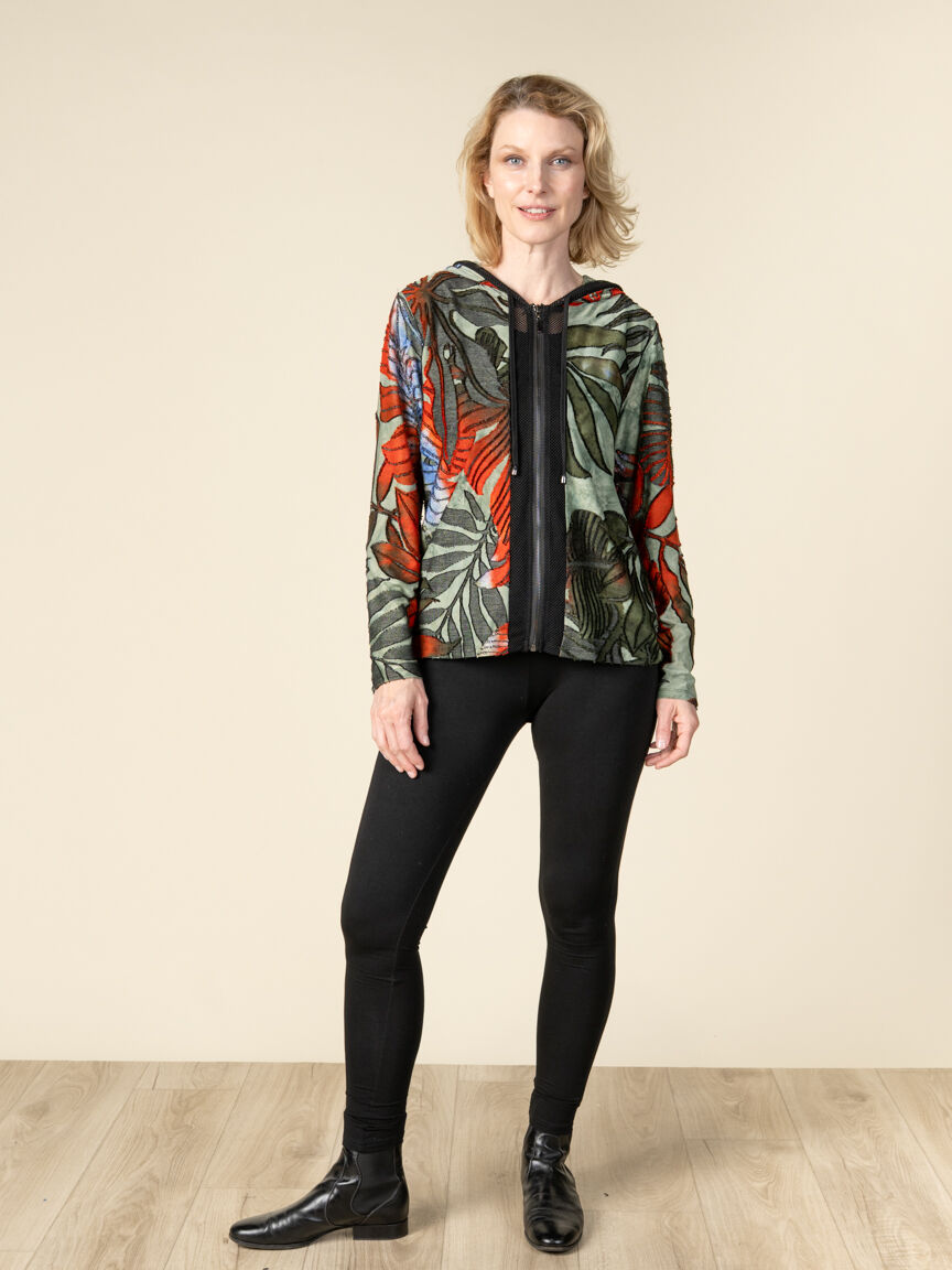 Long Sleeve Mesh Panel Front Zip Cardigan with Hood Image 1