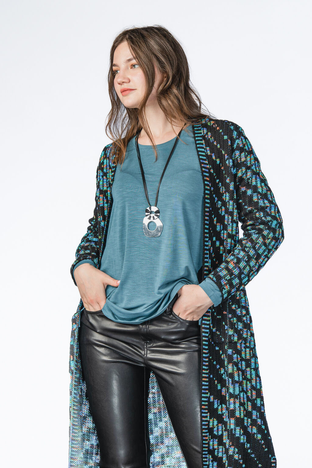 Turquoise Pattern Pocket Maxi Cardigan  Image 3