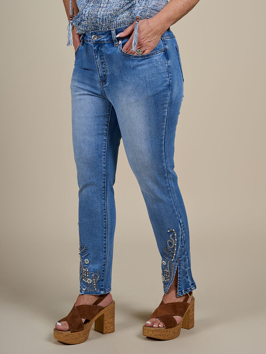 Pearl and Rhinestone Embellished Jeans  Image 4