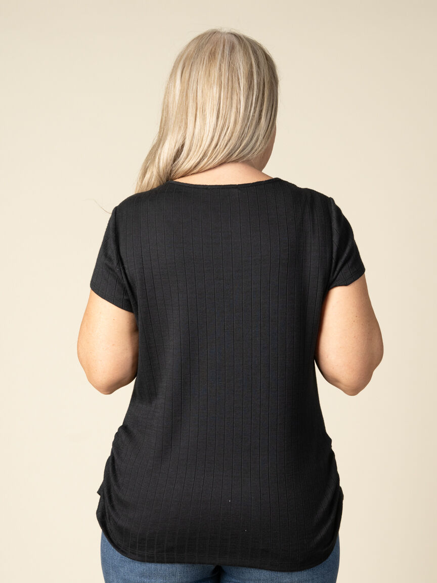 Short Sleeve Keyhole Top With Side Ruching and Buckle Detail Image 5