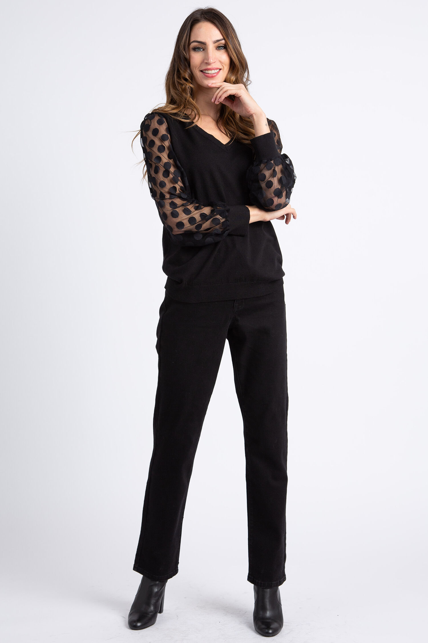 Black V-Neck Sweater w/ Sheer Polka Dot Sleeves, Cobalt