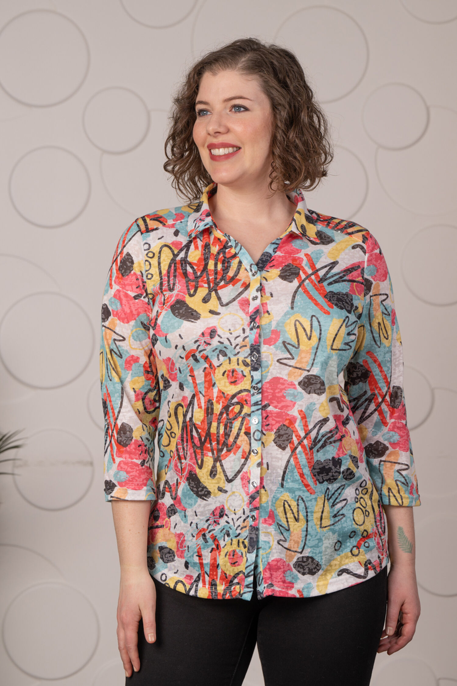 &frac34; Sleeve Button Front Burnout Top Image 1