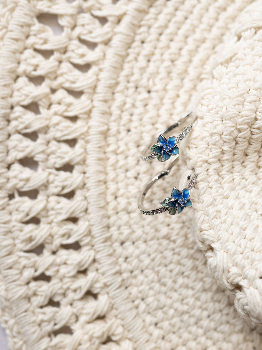 Diamond Hoop Earrings with Blue Flower Image 2