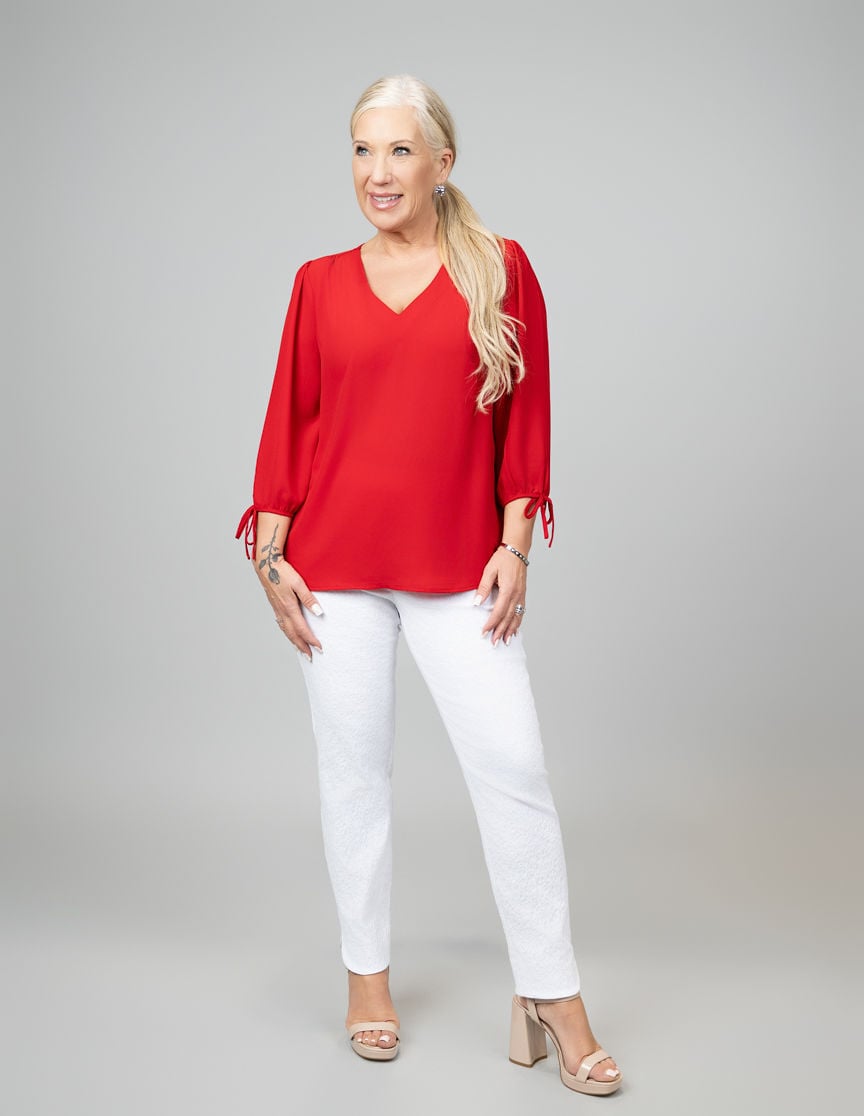 Flowy 3/4 Sleeve V-Neck Top with Cuff Ties
