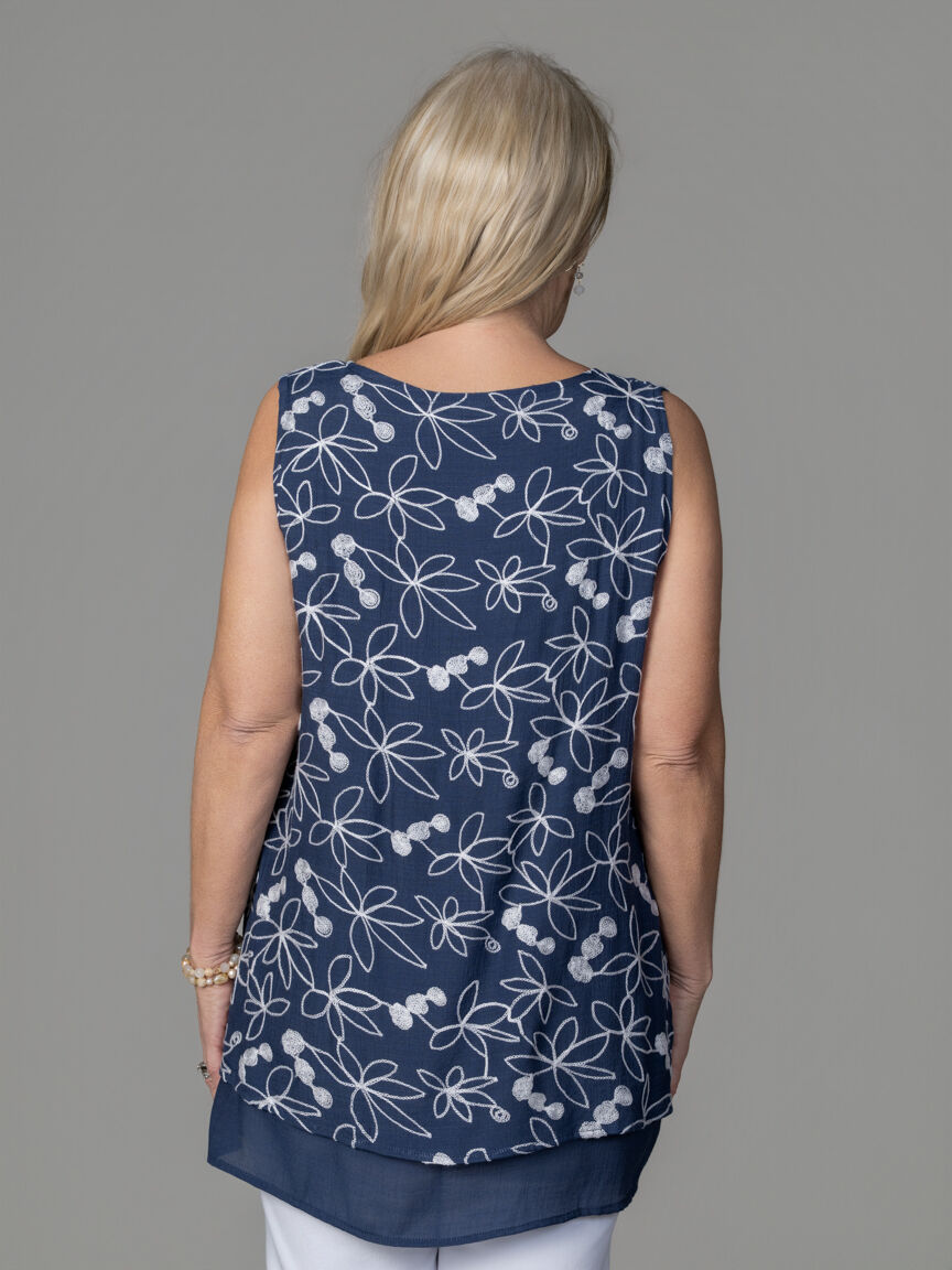 Sleeveless Layered Top with Floral Embroidery