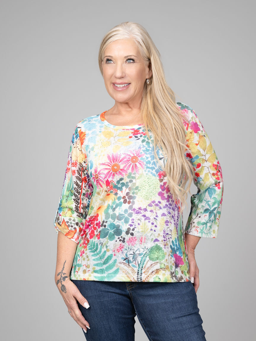 Floral 3/4 Sleeve Top With Hotfix