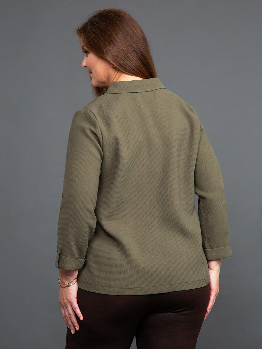 Waffle Knit &frac34; Sleeve Button Down Blouse