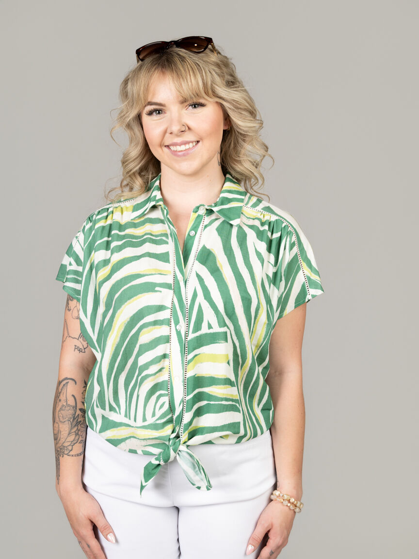 Collared Button-Up Top With Front Tie, Red
