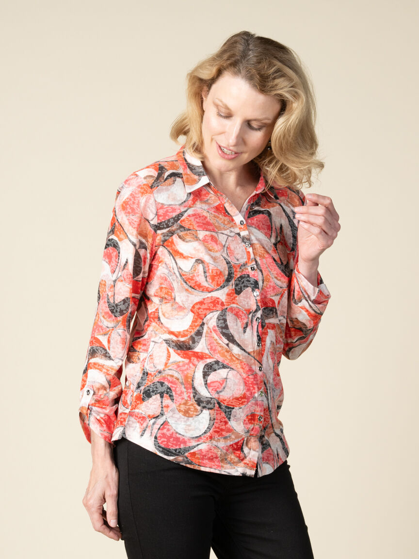 3/4 Sleeve Button Up Burnout Blouse