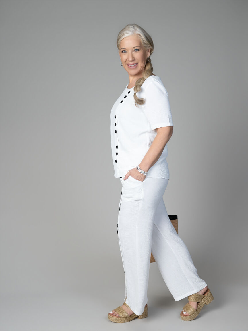 Crinkle Pull-On Pant With Button Detail