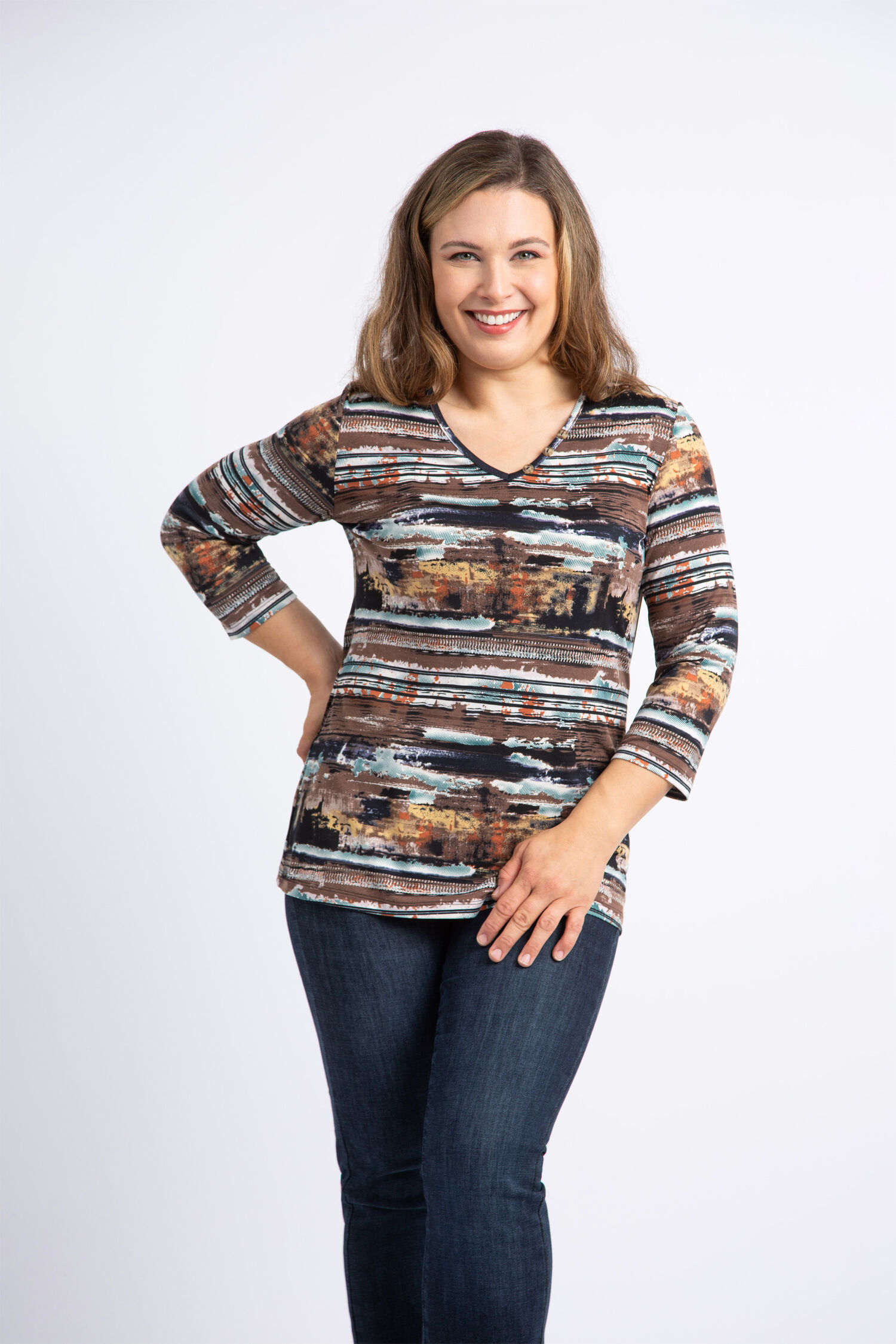 &frac34; Sleeve V-Neck Button Top  Image 2