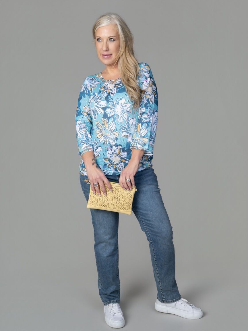 3/4 Sleeve Floral Top With Hotfix Accents