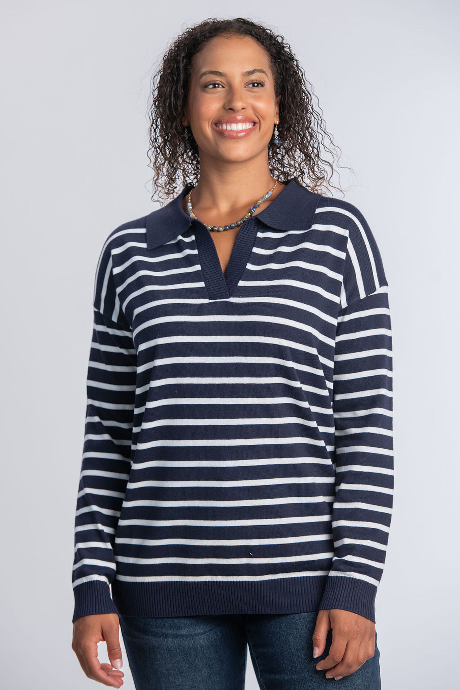 Long Sleeve Collared Striped Sweater  Image 2