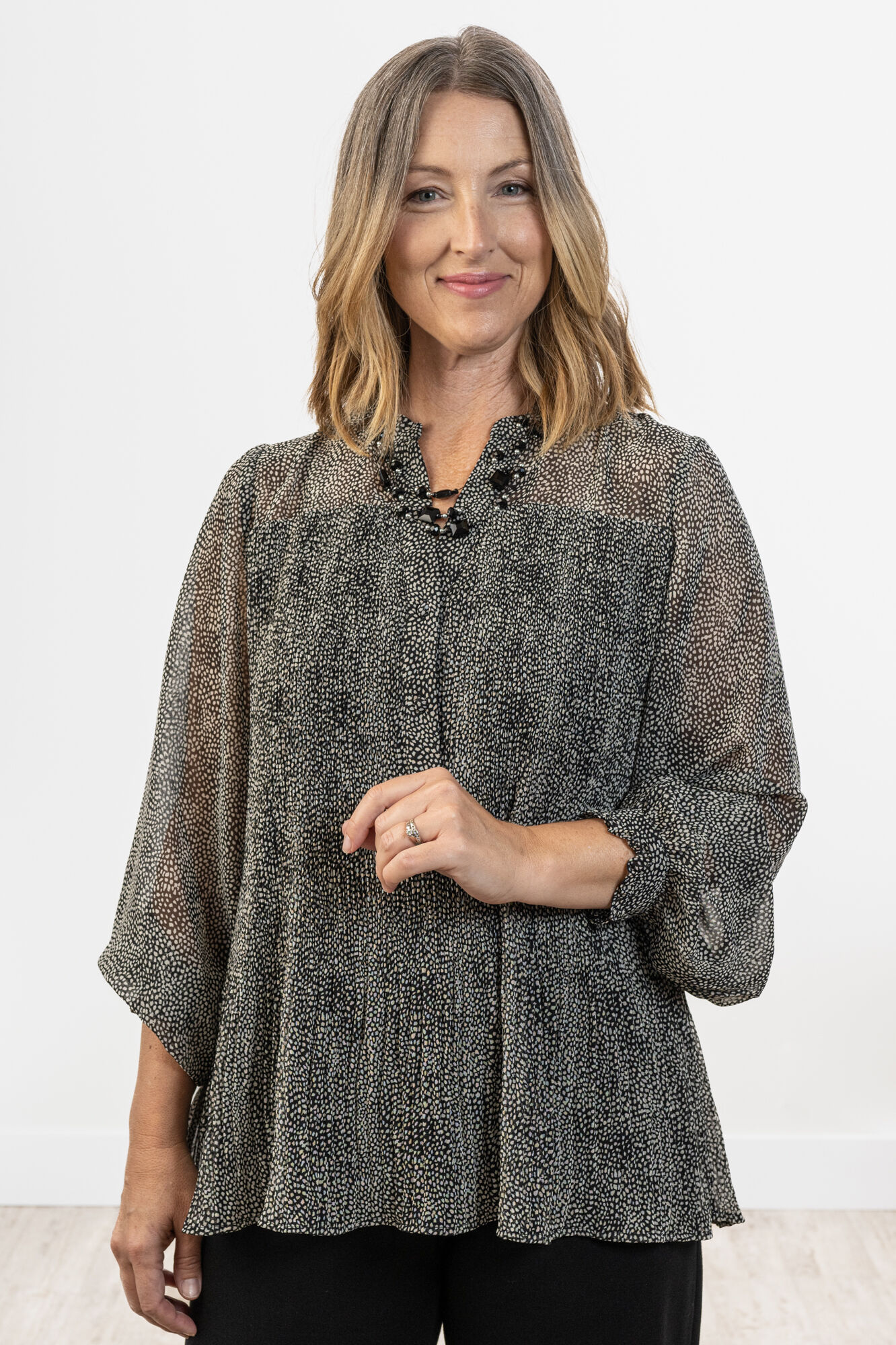 Pleated Notch Flare Blouse Image 1