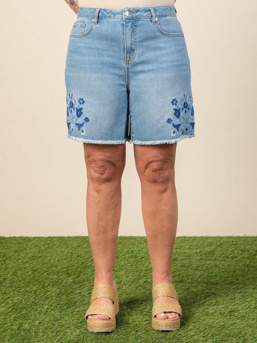 Audrey Mid Rise Embroidered Jean Shorts Image 1