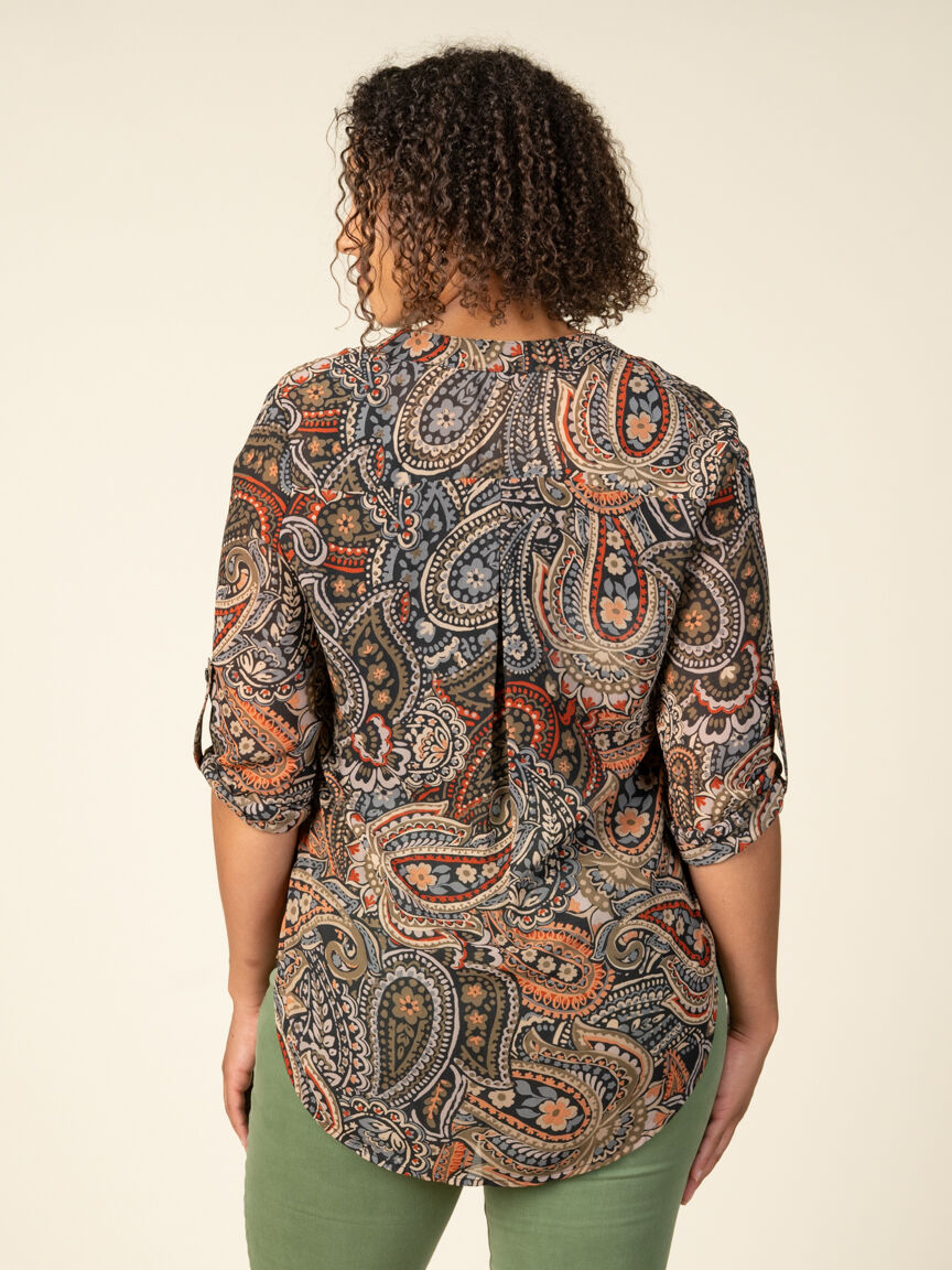 3/4 Sleeve Sheer Paisley Roll Tab Blouse