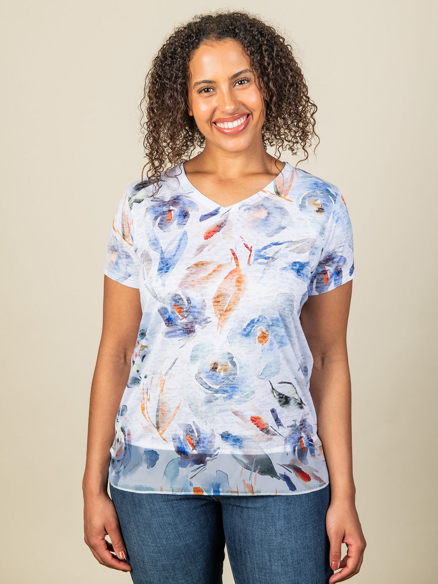 Short Sleeve Burnout Top with V Neck Image 1