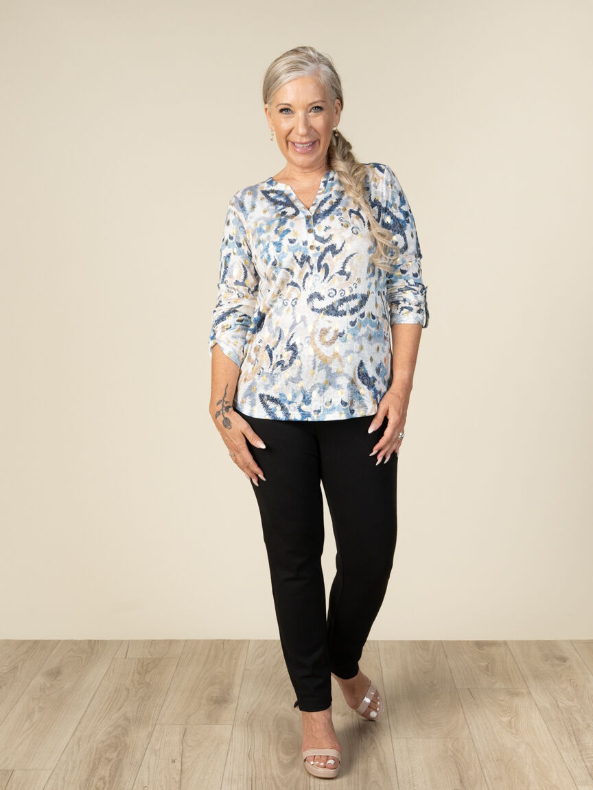 Long Sleeve Roll Tab Henley Top with Gold Foil