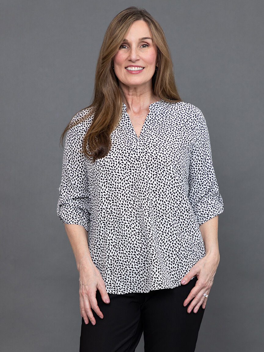 Heart Print &frac34; Sleeve Roll Tab Blouse Image 2