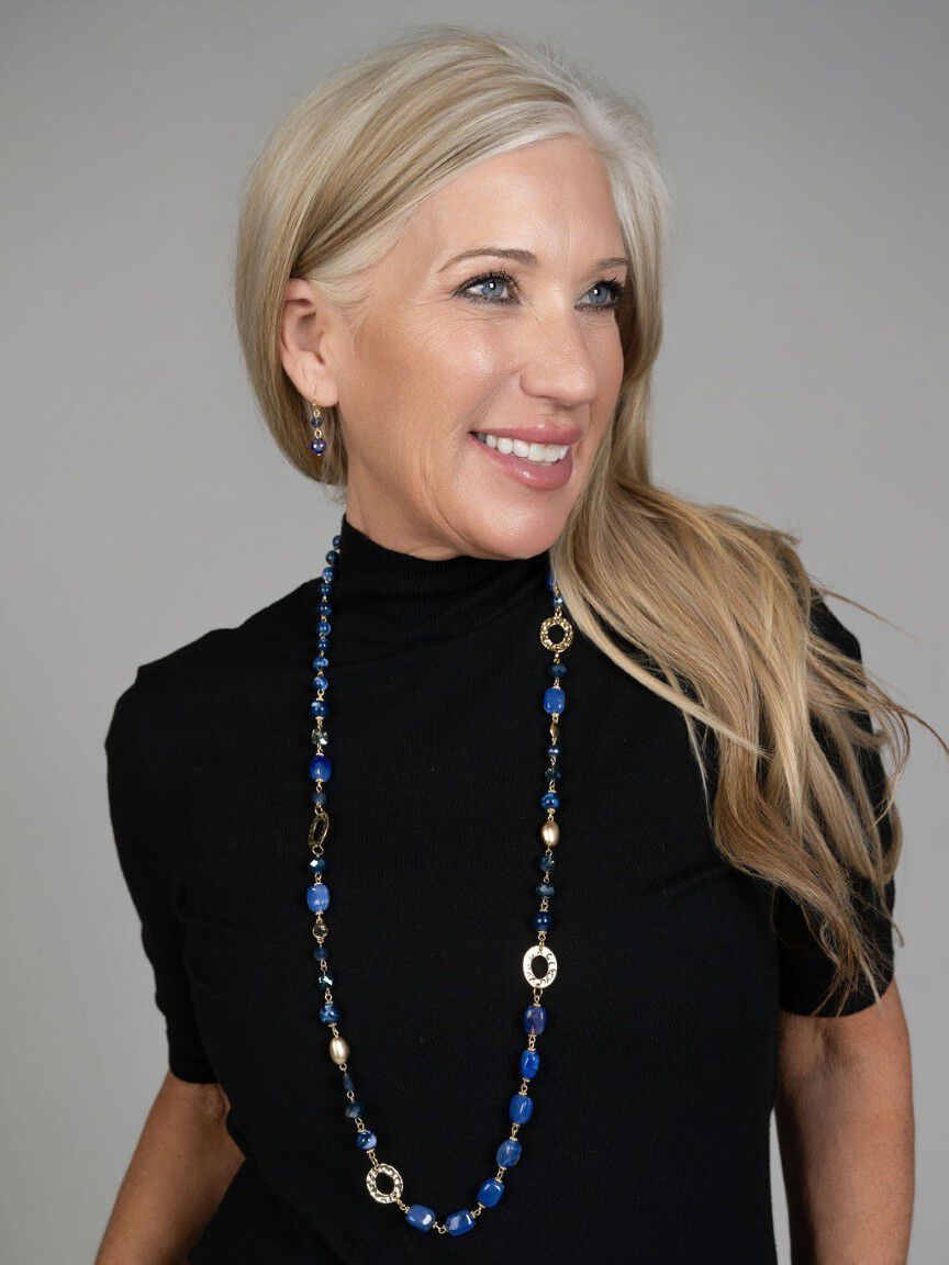 Long Blue & Gold Beaded Necklace Set
