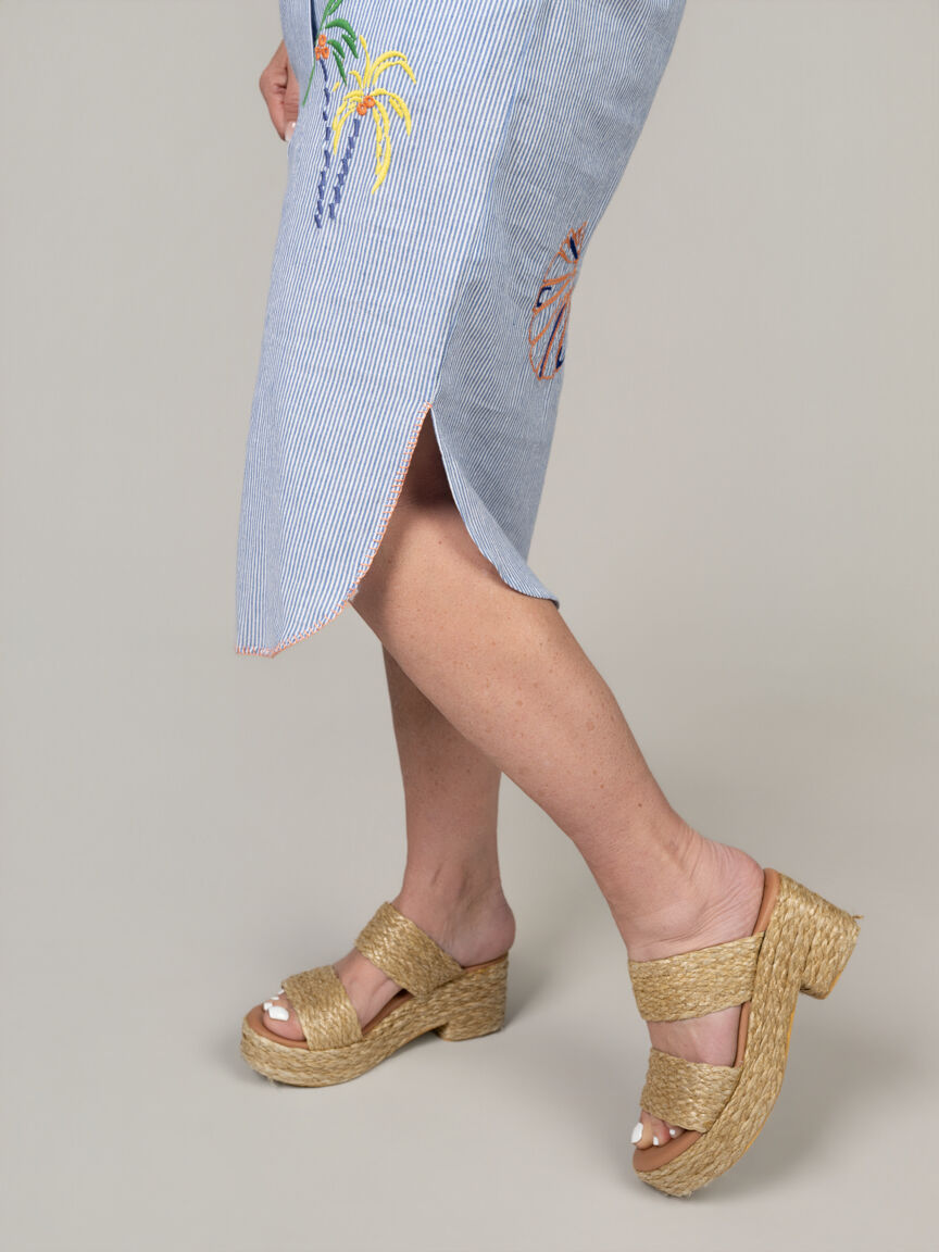 Embroidered Button-Up Midi Shirt Dress with Belt