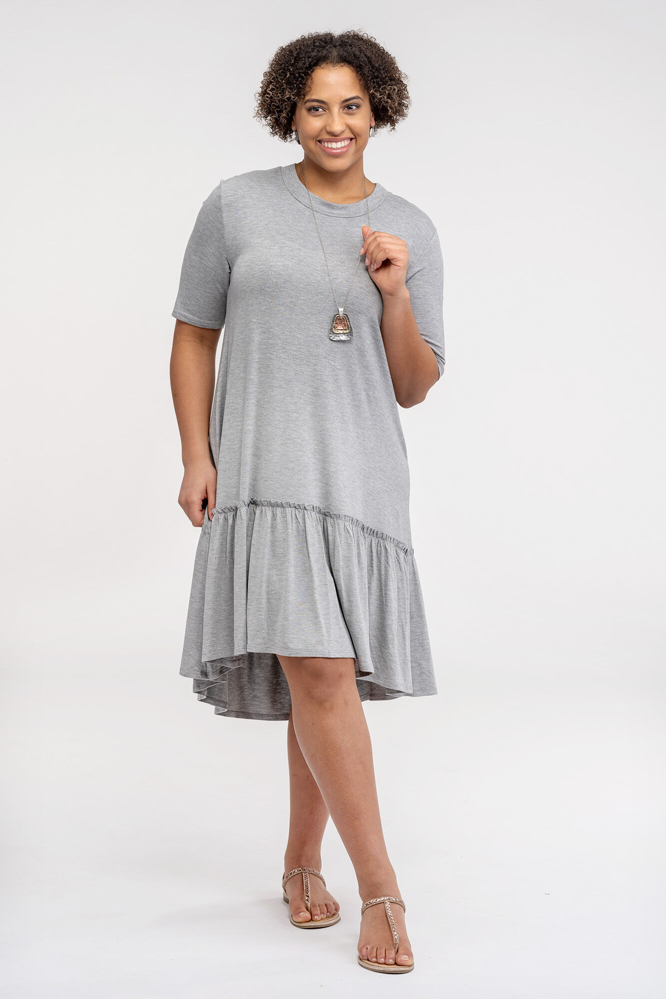 Short Sleeve T-Shirt Dress with Ruffle Hi-Lo Hem Image 1