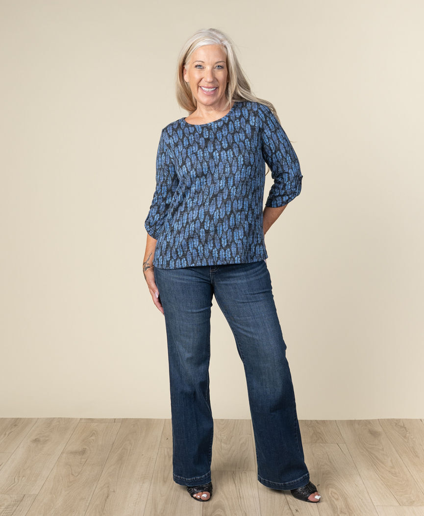 3/4 Roll Tab Sleeve Leaf Print Sweater 