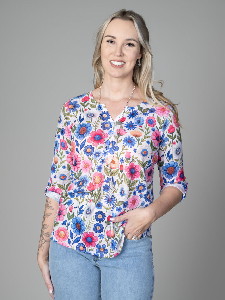 3/4 Sleeve Floral Henley Top