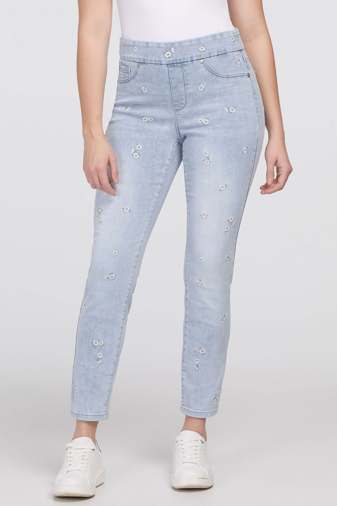 Ivory-Daisy Embroidery Jeggings Image 1