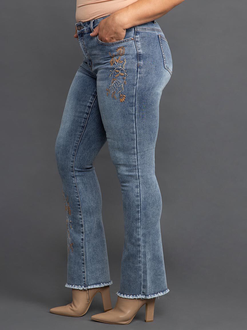 Embroidered Raw Edge Micro-Flare Jeans  Image 3