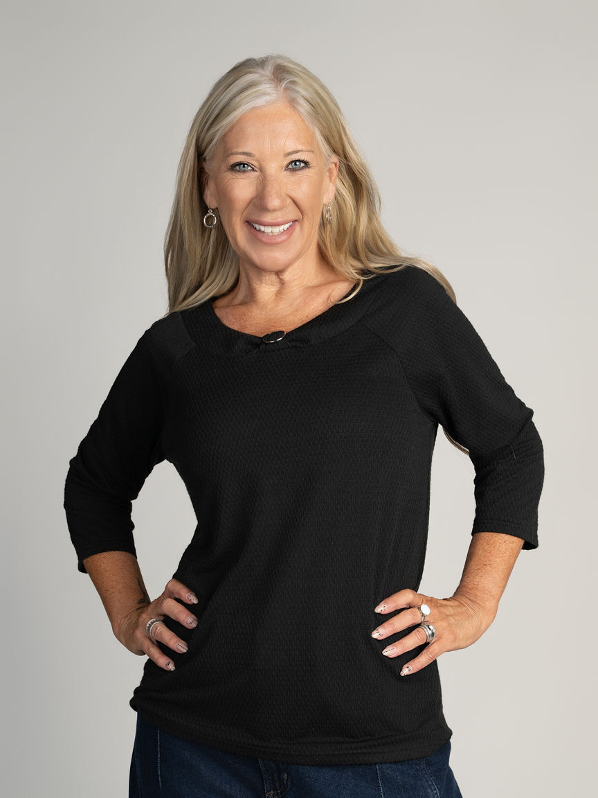 3/4 Sleeve Textured Knit top with round neckline and Silver ring