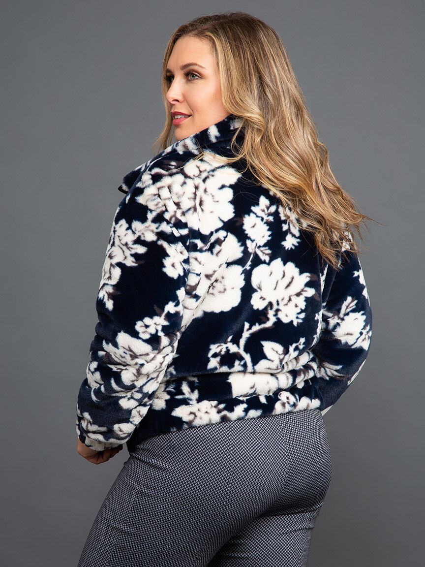 Faux Fur Floral Zip-Up Jacket Image 4