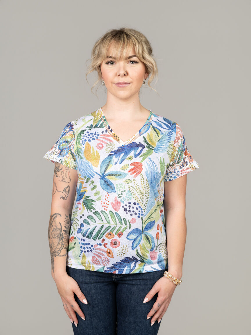 V-Neck Top with French Lace Sleeves & Ladder Trim