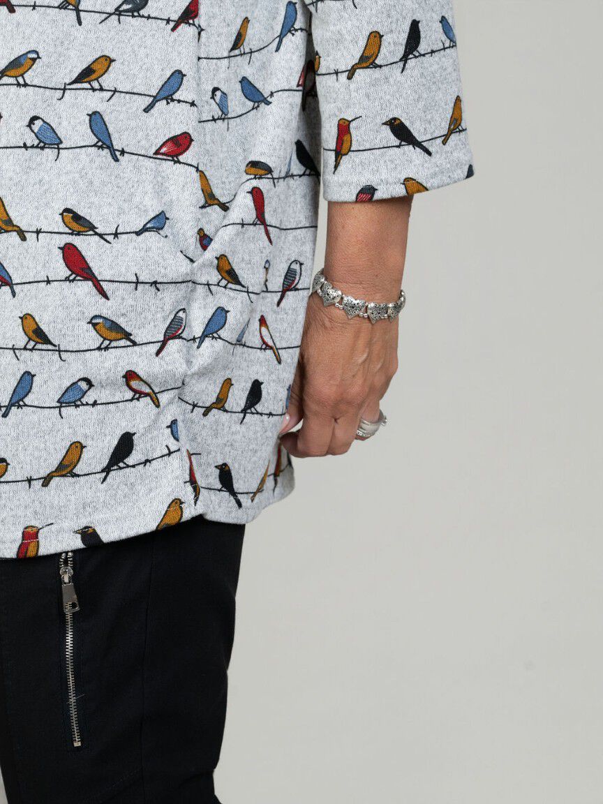 3/4 Sleeve Bird Print Shirt