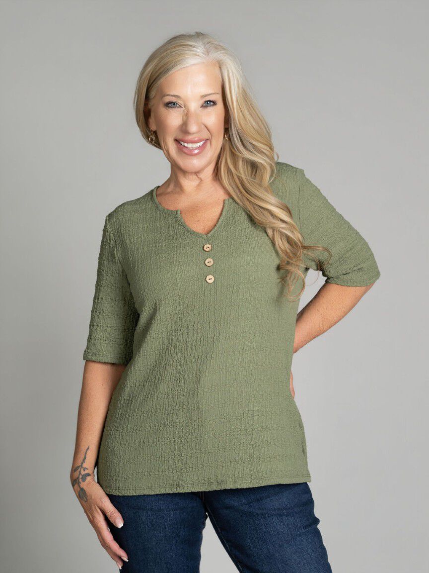 Notched Neck Elbow Sleeve Top Image 1