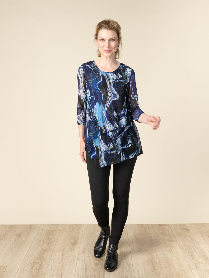 3/4 Sleeve Asymmetrical Hem Printed Mesh Top