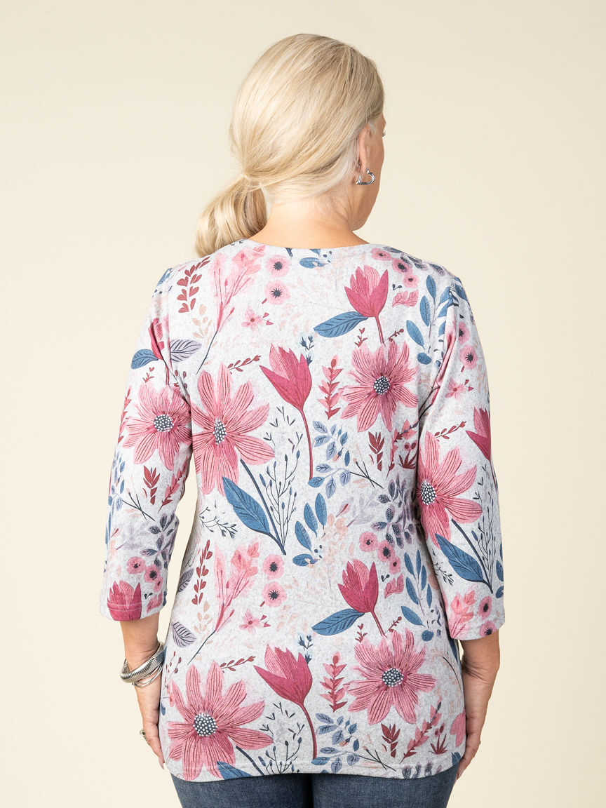 Floral 3/4 Sleeve Top With Hotfix
